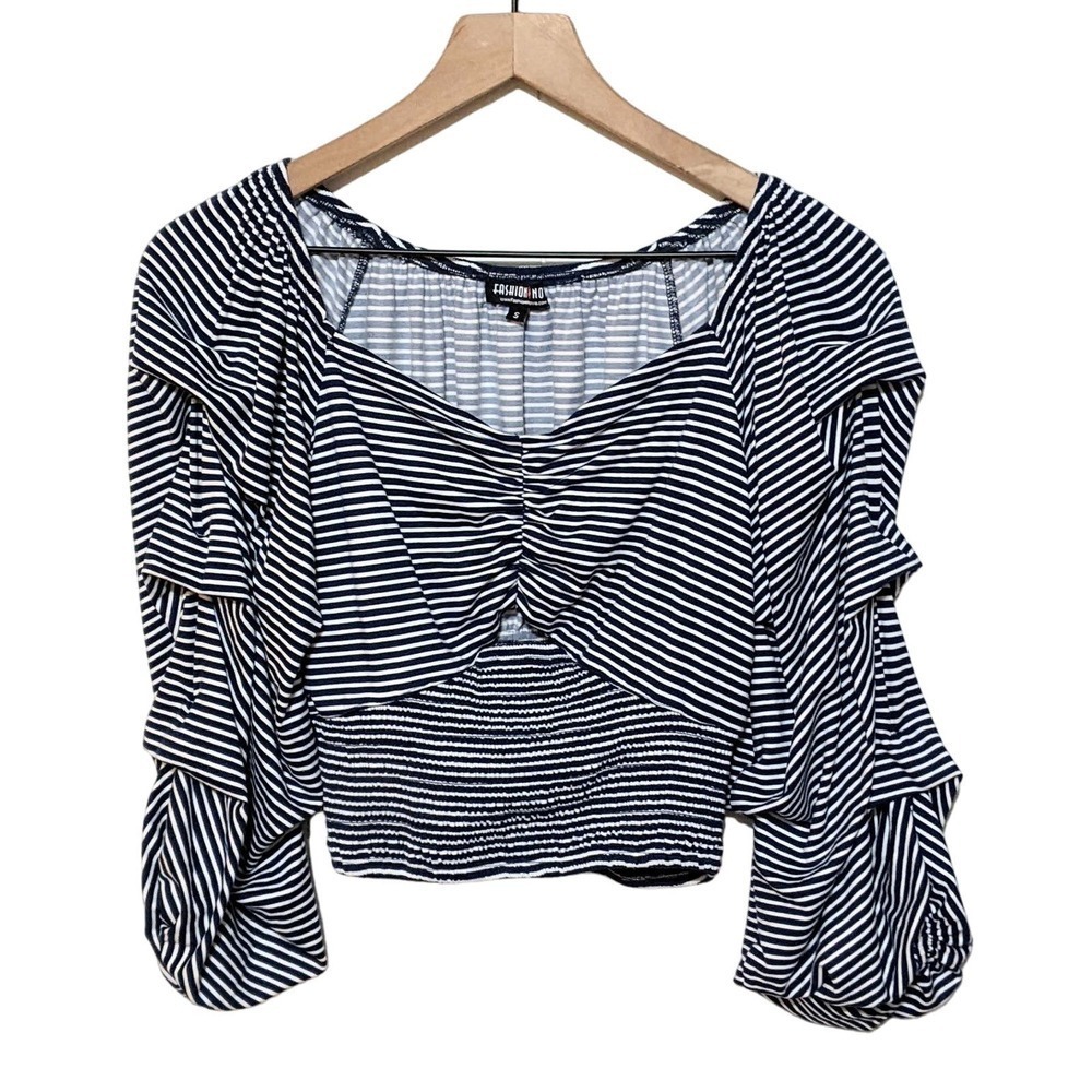 Fashion Nova Womens Striped Ruched Smocked Crop Top Size S Blue White 3/4 Sleeve